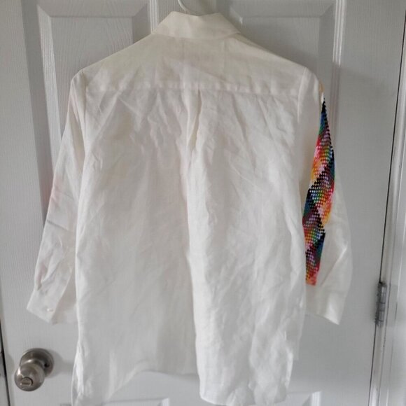 Vilagallo White Sara Linen 3/4 Sleeve Shirt W Multicolor Embroidered Sleeves S - Picture 3 of 7